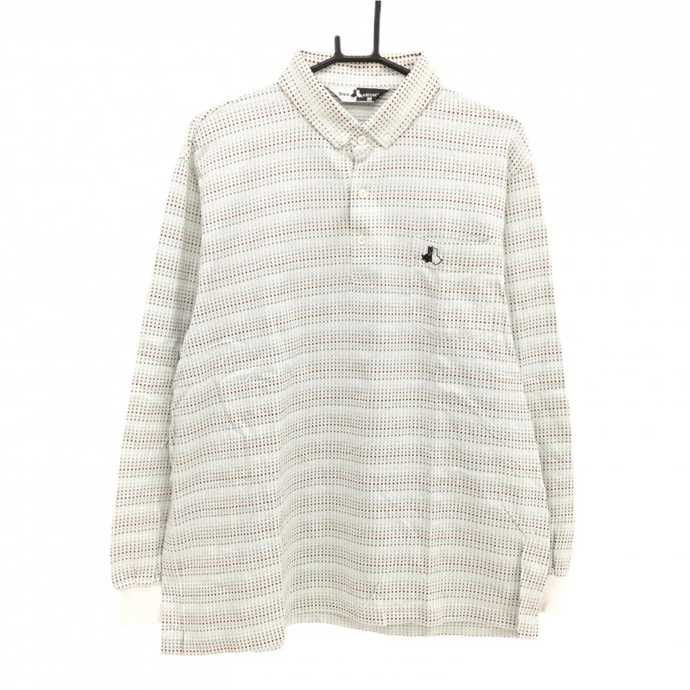 【美品】ブラックアンドホワイト 長袖ポロシャツ 白×ライトブルー×ボルドー ブロック柄風  メンズ LL ゴルフウェア Black＆White