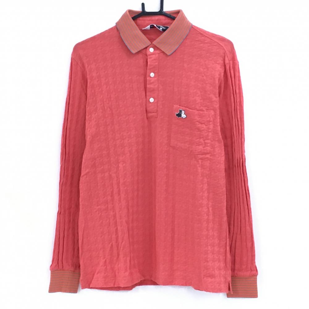 【美品】ブラックアンドホワイト 長袖ポロシャツ オレンジ×グレー 千鳥格子織生地 襟ボーダー メンズ L ゴルフウェア Black＆White