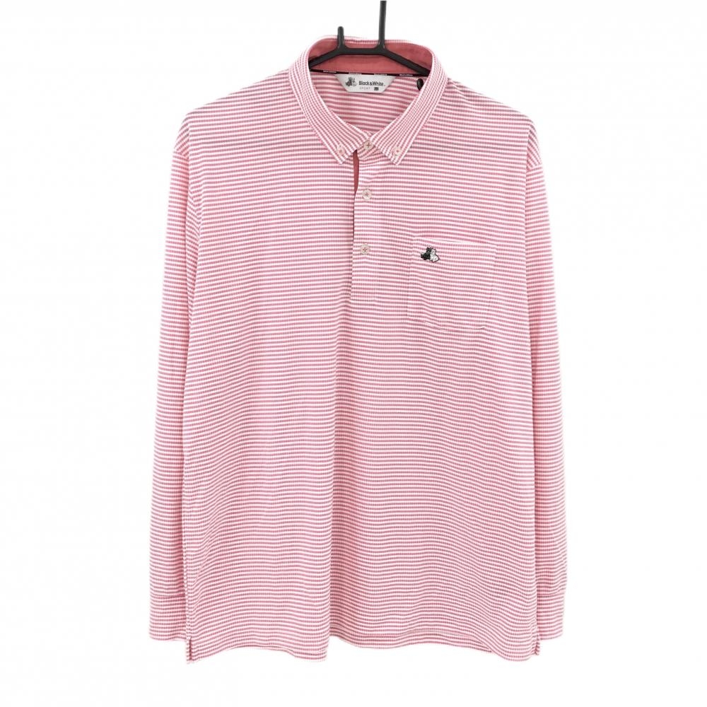 【超美品】ブラックアンドホワイト 長袖ポロシャツ ピンク×白 ボーダー ボタンダウン  メンズ LL ゴルフウェア Black＆White