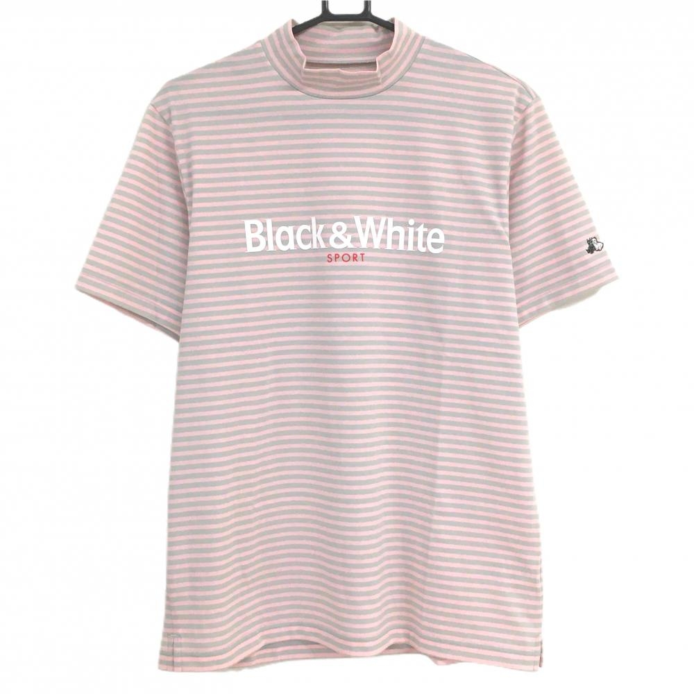 【超美品】ブラックアンドホワイト 半袖ハイネックシャツ ピンク×ライトグレー ボーダー メンズ L ゴルフウェア Black＆White