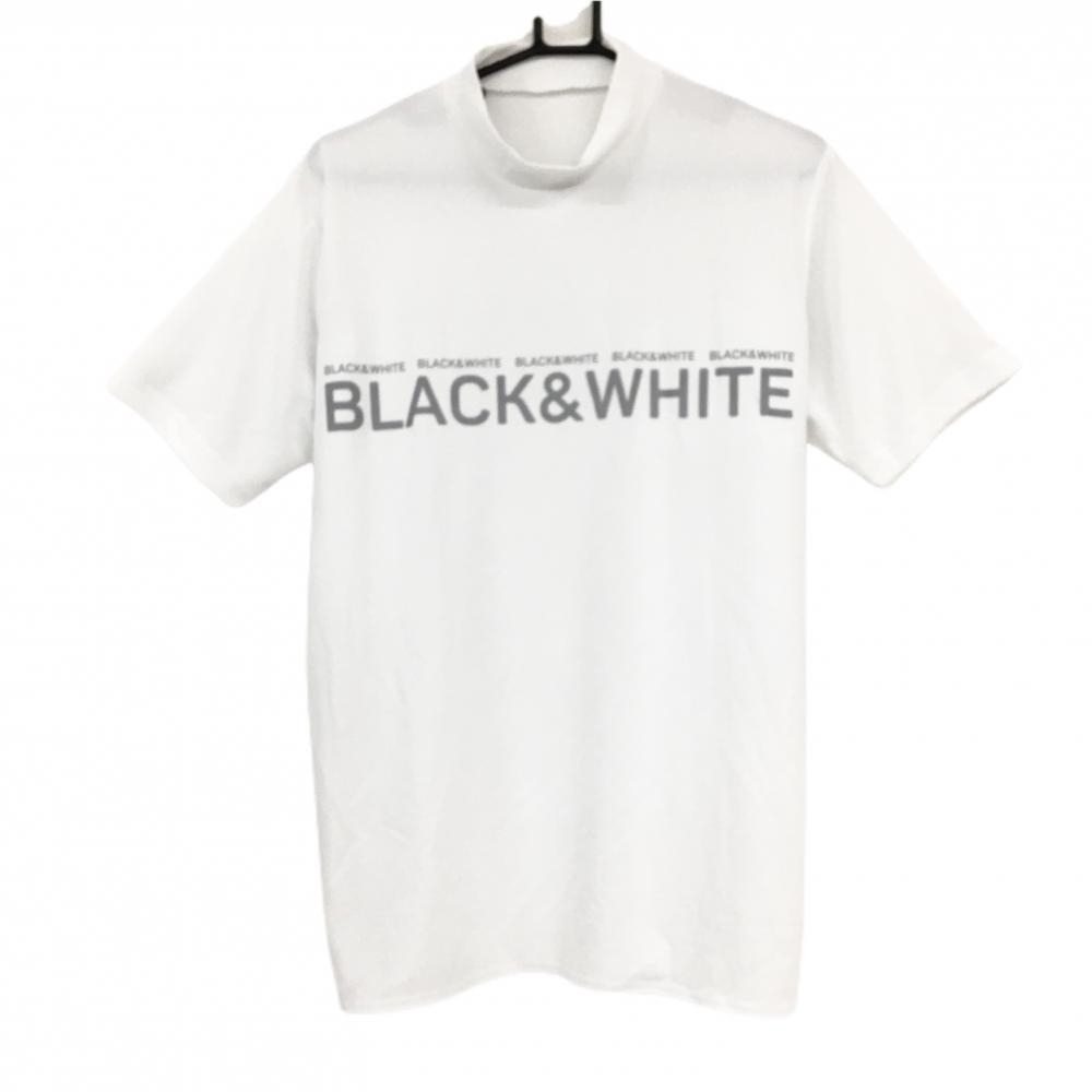 【超美品】ブラックアンドホワイト 半袖ハイネックシャツ 白×シルバー フロントロゴ メンズ LL ゴルフウェア Black＆White