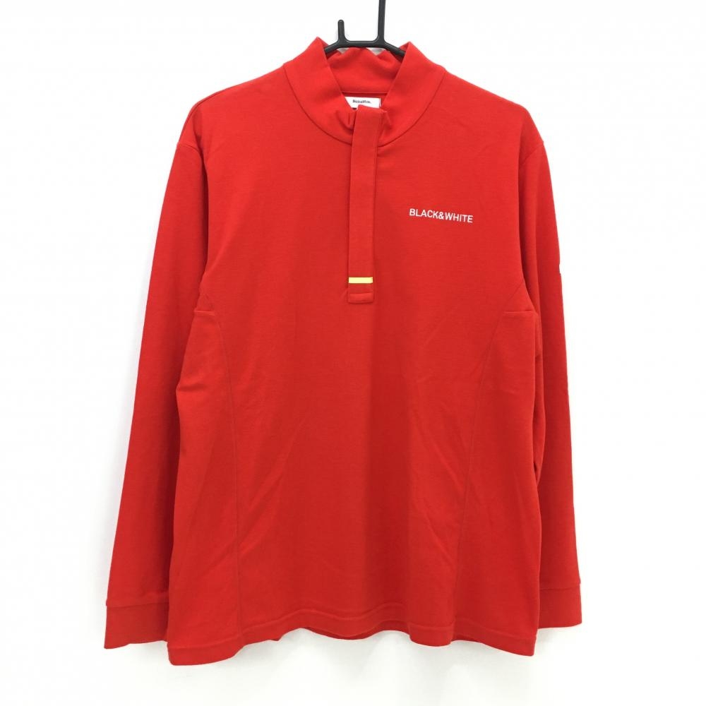 ブラックアンドホワイト 長袖ハイネックシャツ オレンジレッド ロゴ白 ハーフジップ メンズ LL ゴルフウェア Black＆White