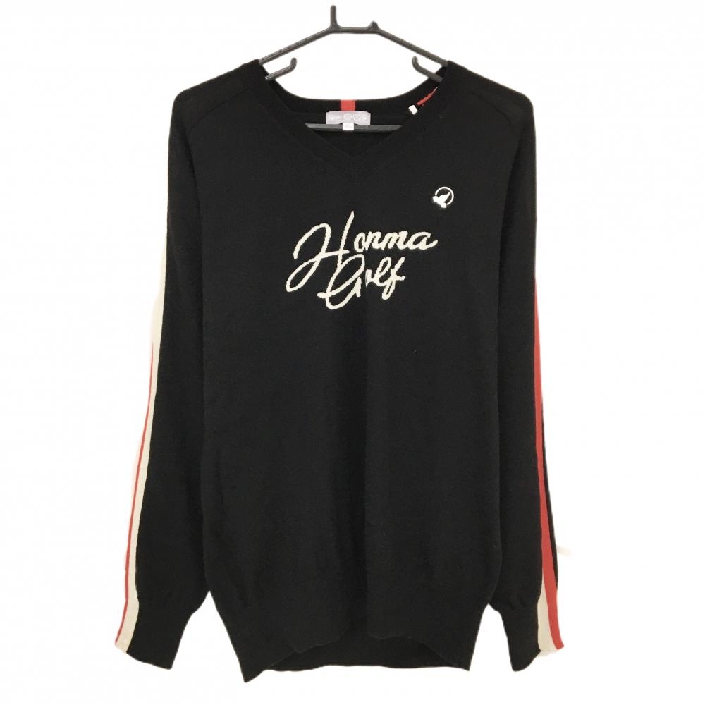 【超美品】ホンマ セーター 黒×白×レッド 袖ライン ニット ウール混 Vネック メンズ XL ゴルフウェア HONMA
