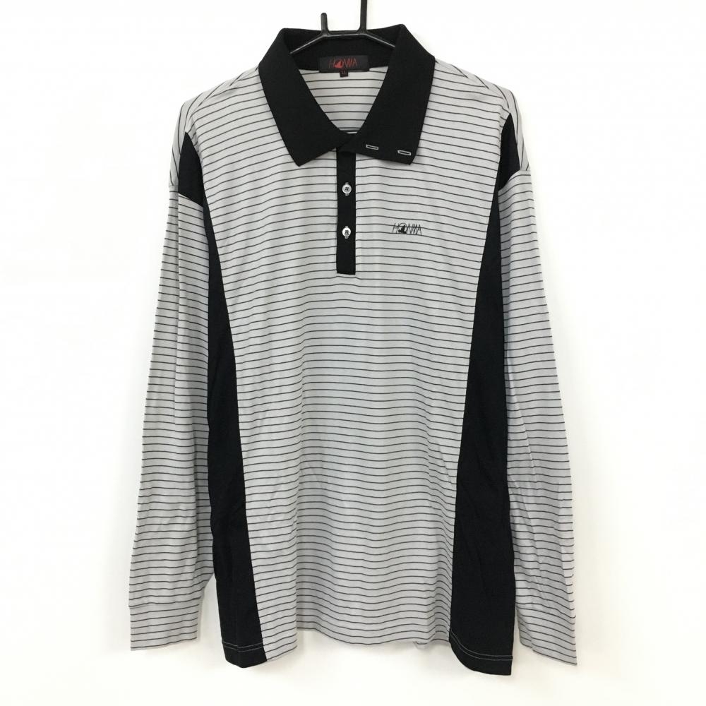 【美品】HONMA ホンマ 長袖ポロシャツ ライトグレー×黒 ボーダー 日本製 メンズ LL ゴルフウェア
