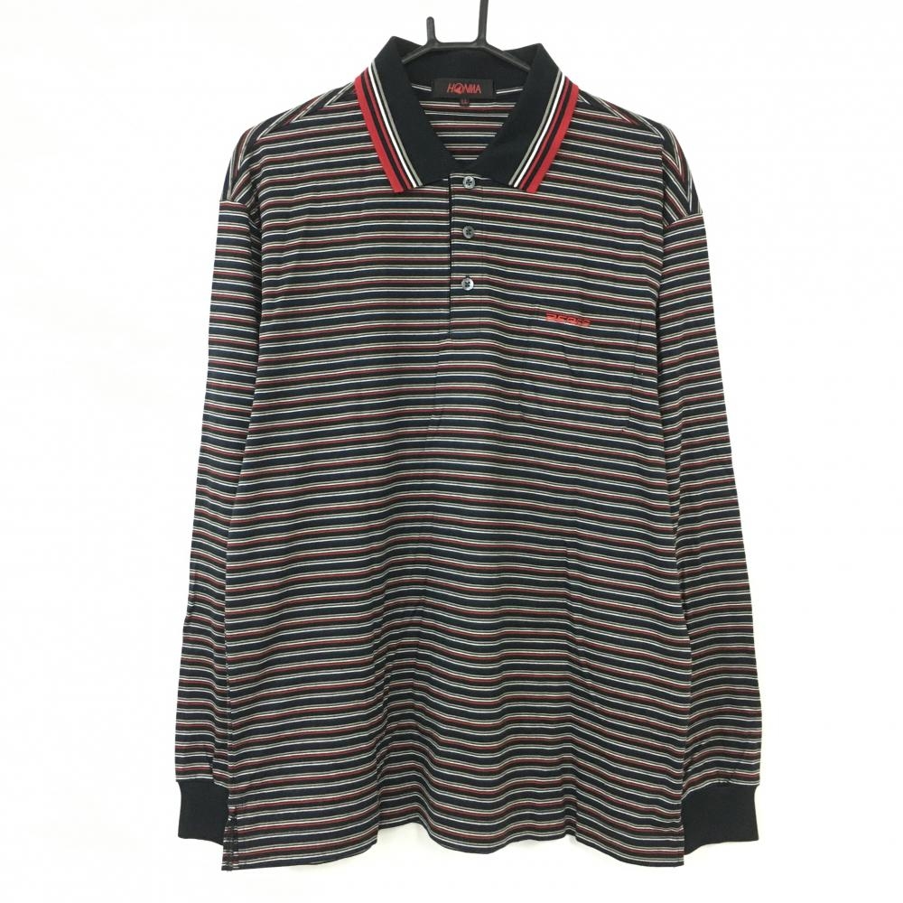 【美品】HONMA ホンマ 長袖ポロシャツ 黒×レッド ボーダー 綿100％ BERES メンズ LL ゴルフウェア