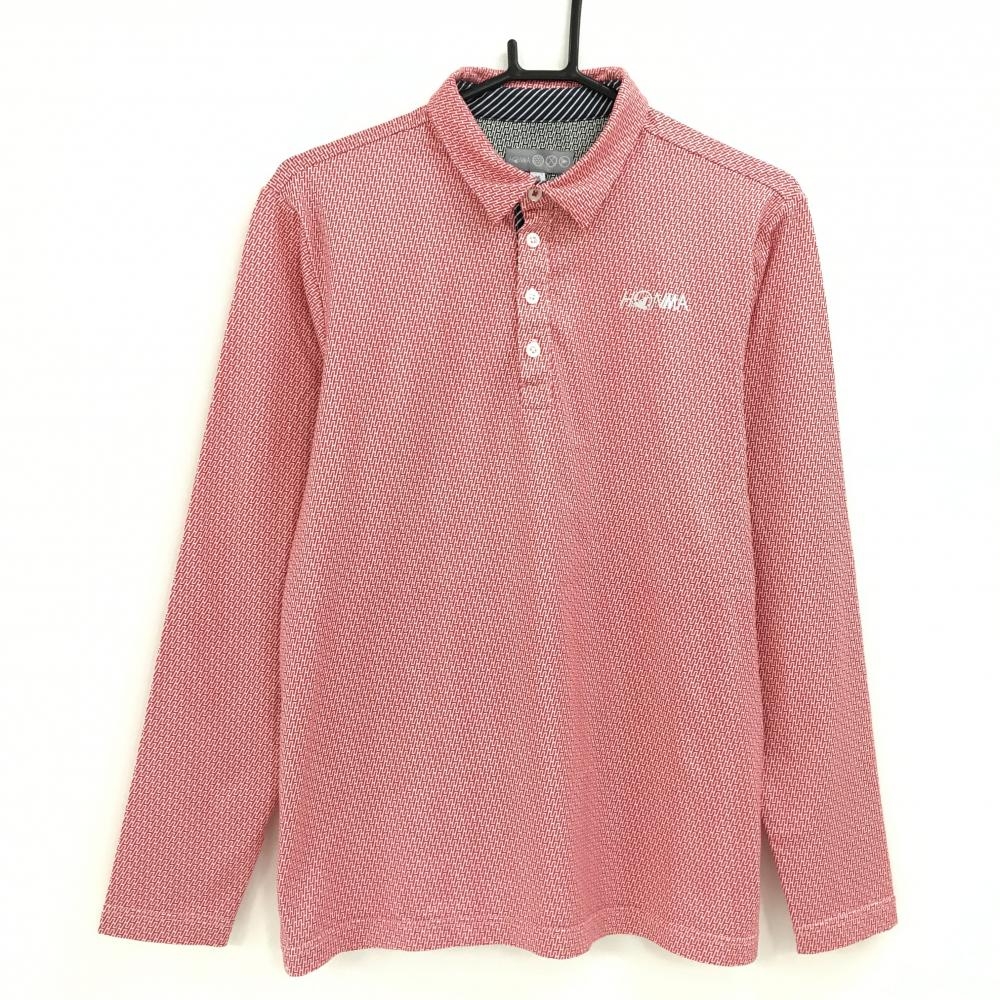 【超美品】ホンマ 長袖ポロシャツ レッド×白 総柄 ロゴプリント  メンズ M ゴルフウェア HONMA