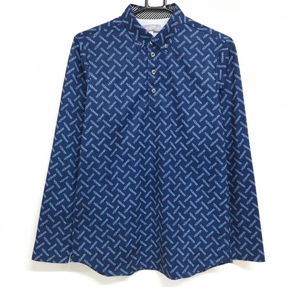 【美品】ホンマ 長袖ポロシャツ ネイビー×白 ロゴ総柄 ボタンダウン メンズ M ゴルフウェア HONMA