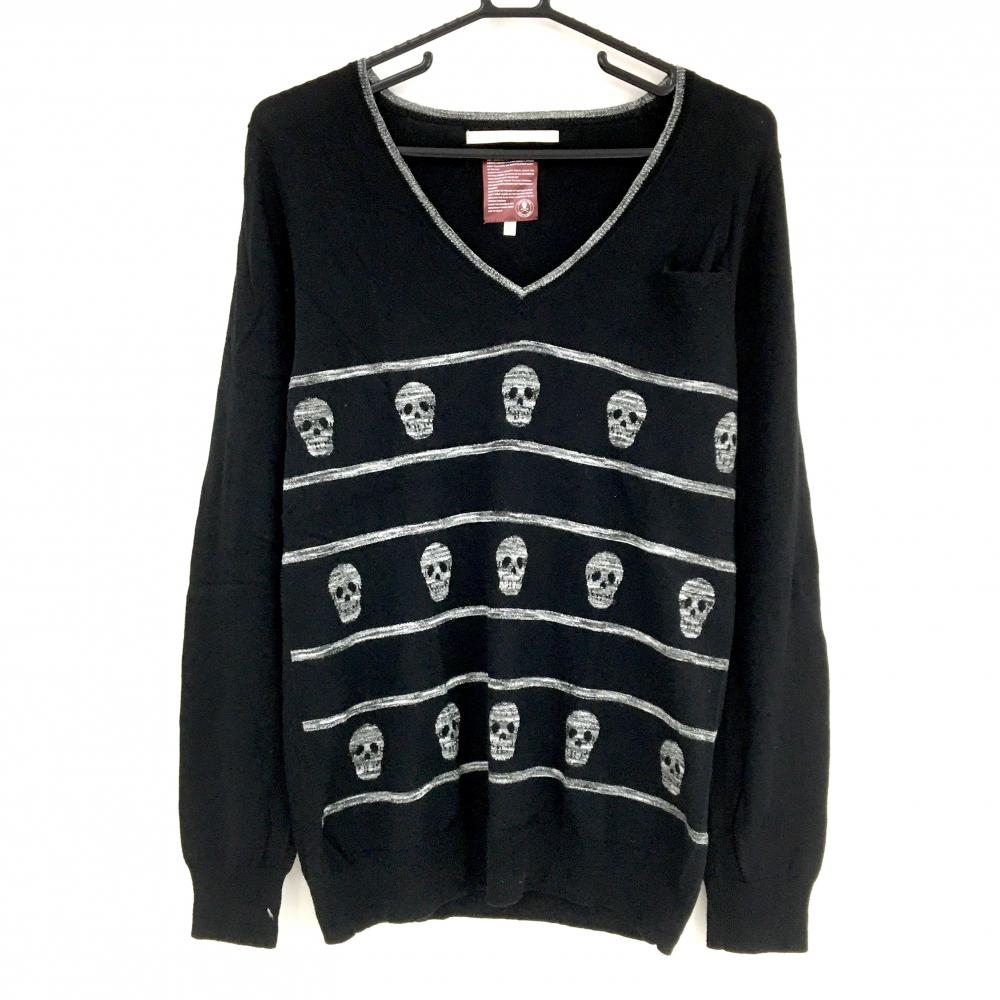 【超美品】マークアンドロナ セーター 黒×シルバー ×ボーダー×スカル Vネック ニット メンズ L ゴルフウェア MARK＆LONA