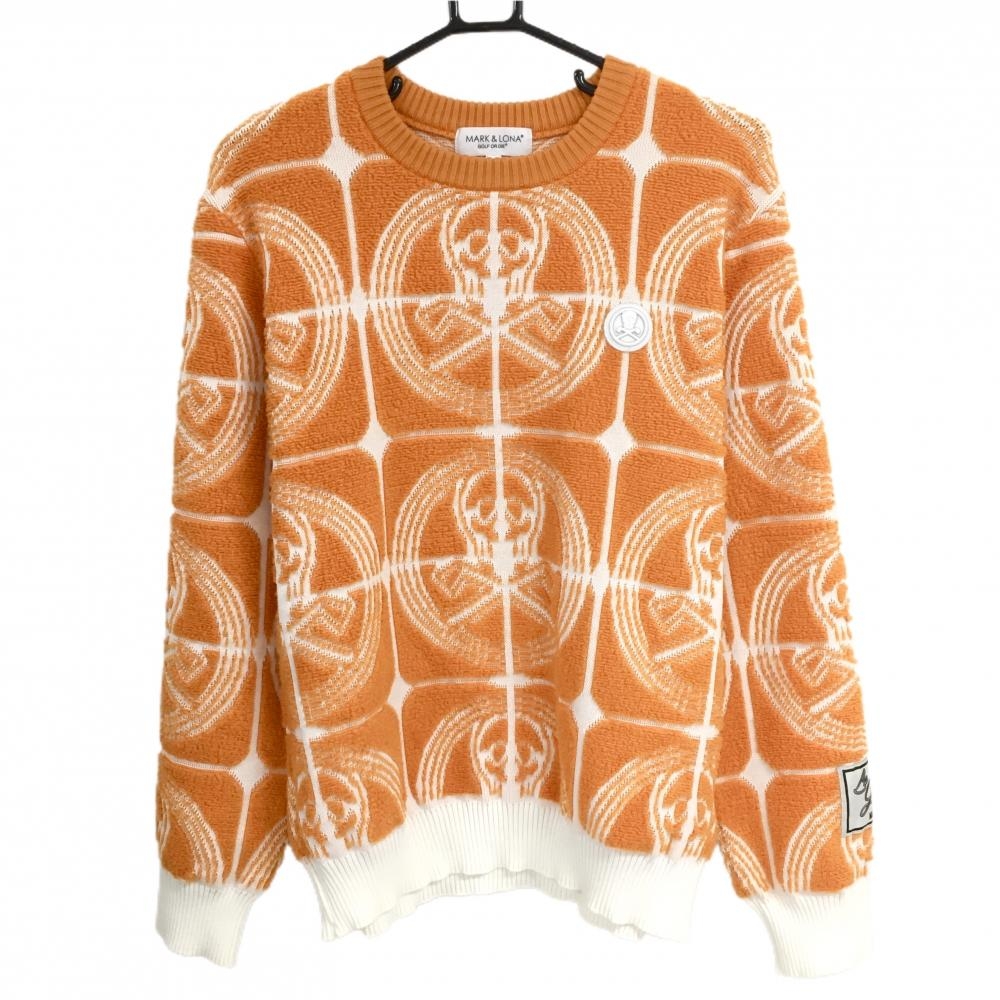 【美品】マークアンドロナ セーター オレンジ×白 スカル総柄編み ニット ウール混 リブ伸び少 メンズ 46 ゴルフウェア MARK＆LONA