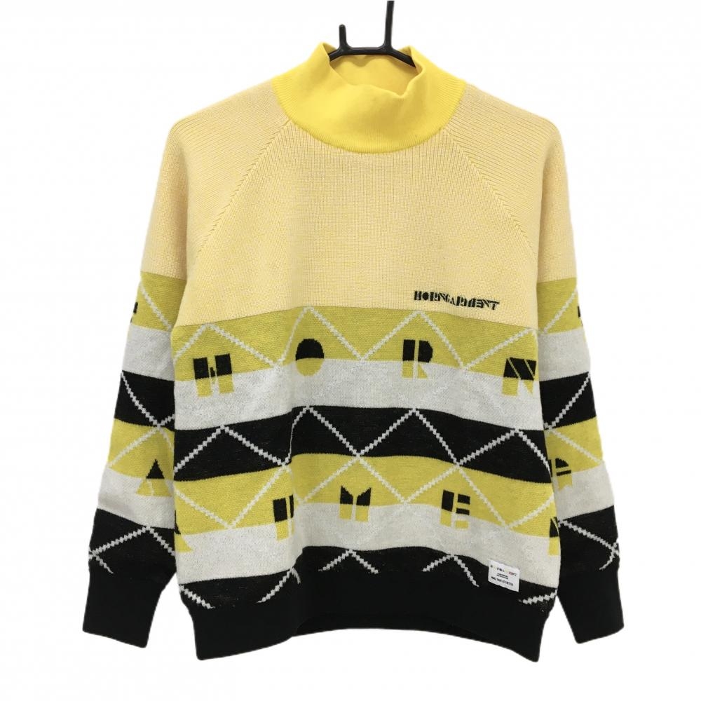 【美品】ホーンガーメント ハイネックセーター イエロー×黒 胸下総柄 裏地付  メンズ  ゴルフウェア サンプル品 MARK＆LONA