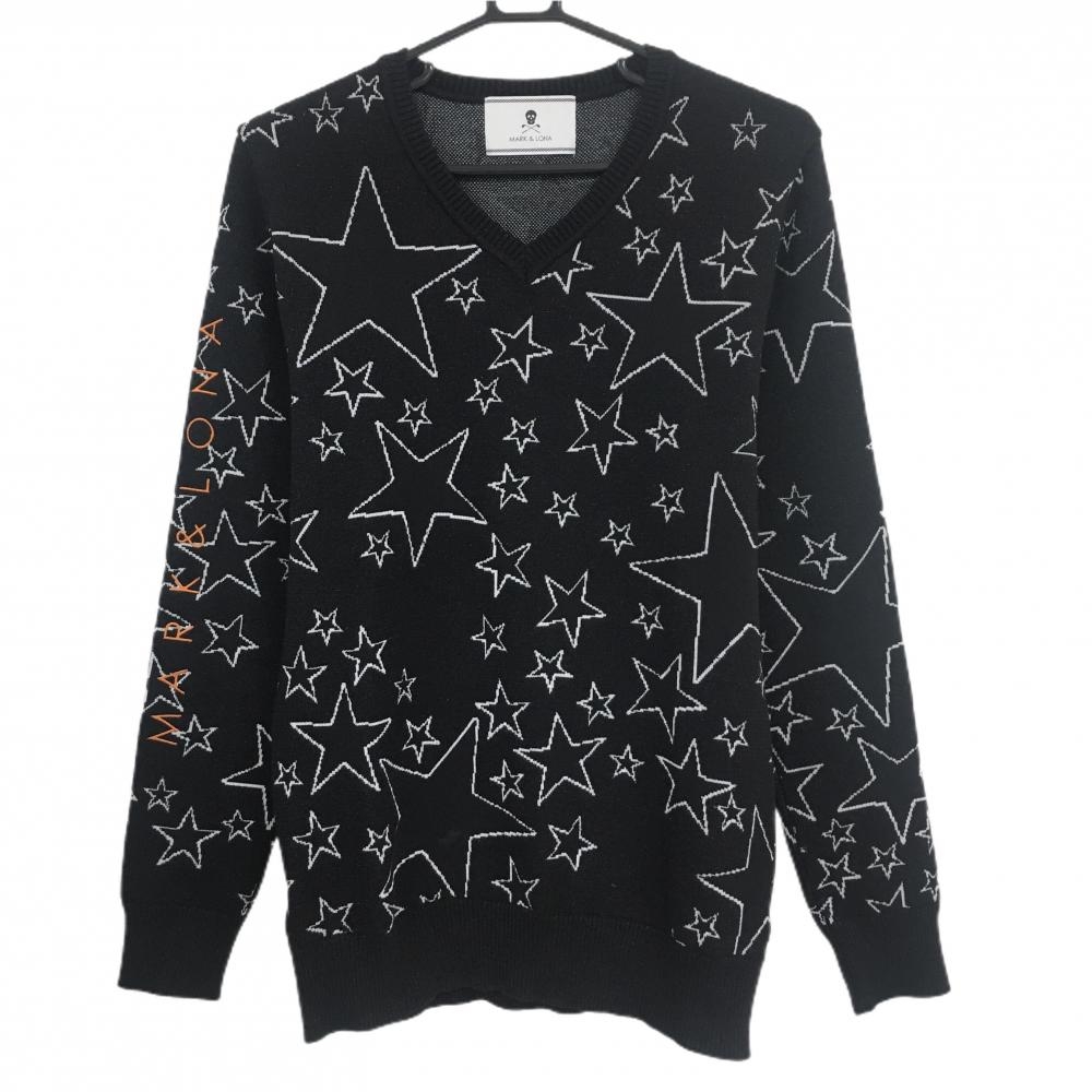 【美品】マークアンドロナ セーター 黒×白 星総柄 ニット ウール混 Vネック ラメ メンズ M ゴルフウェア MARK＆LONA