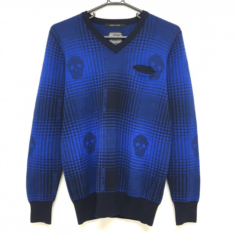 【美品】マークアンドロナ セーター ブルー×黒 チェック ニット ウール混 Vネック スカル  メンズ S ゴルフウェア MARK＆LONA