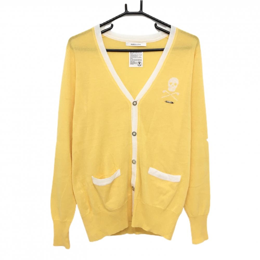【美品】マークアンドロナ ニットカーディガン イエロー×白 スカル 星  メンズ  ゴルフウェア サンプル品 MARK＆LONA