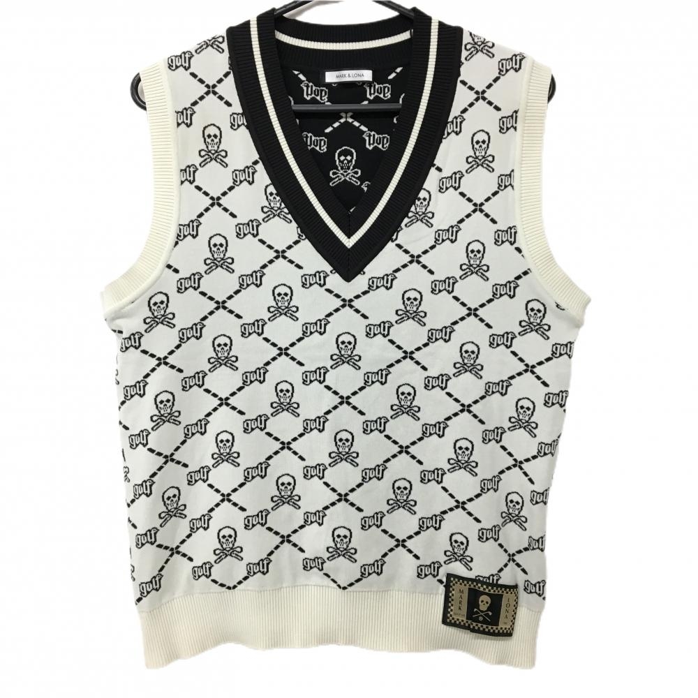 【美品】マークアンドロナ ニットベスト 白×黒 スカル総柄 Vネック  メンズ 46(M) ゴルフウェア MARK＆LONA