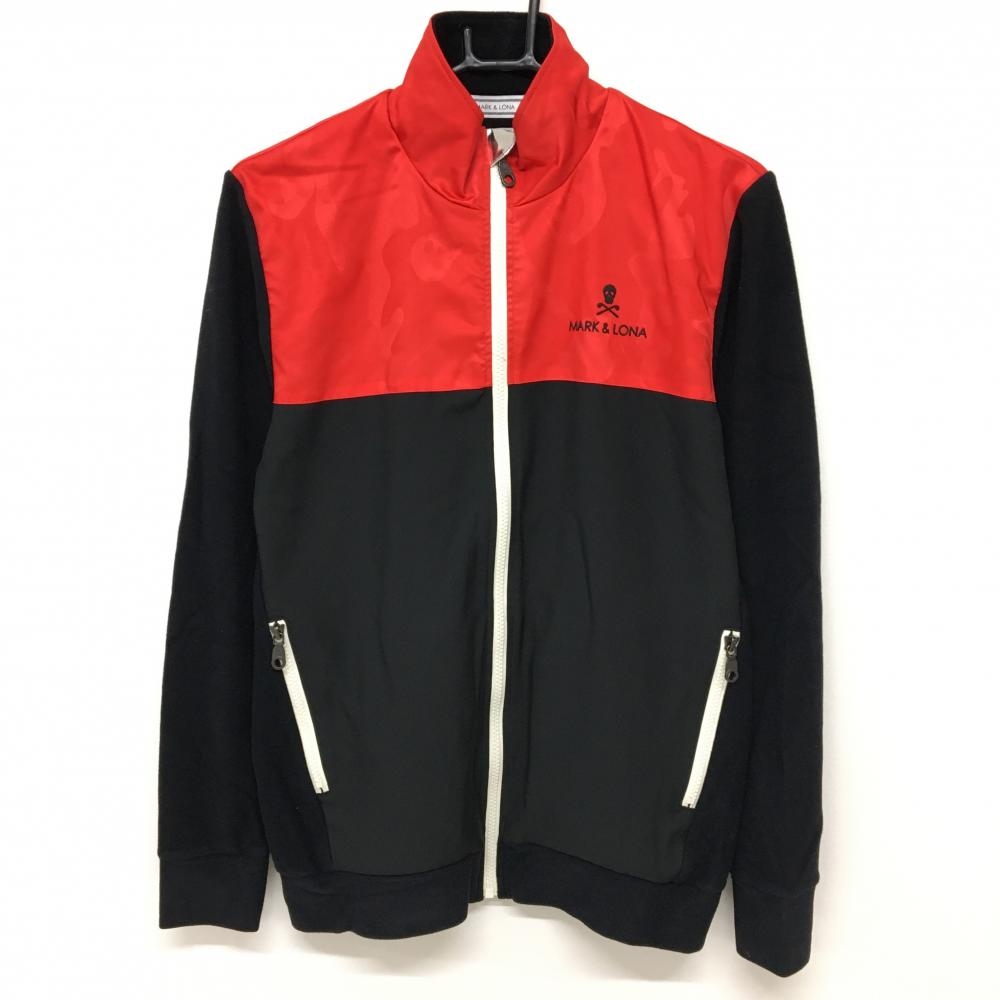 【超美品】マークアンドロナ 異素材ジャケット 黒×レッド 上部迷彩地模様 カモフラ フリース メンズ 46(M) ゴルフウェア MARK＆LONA