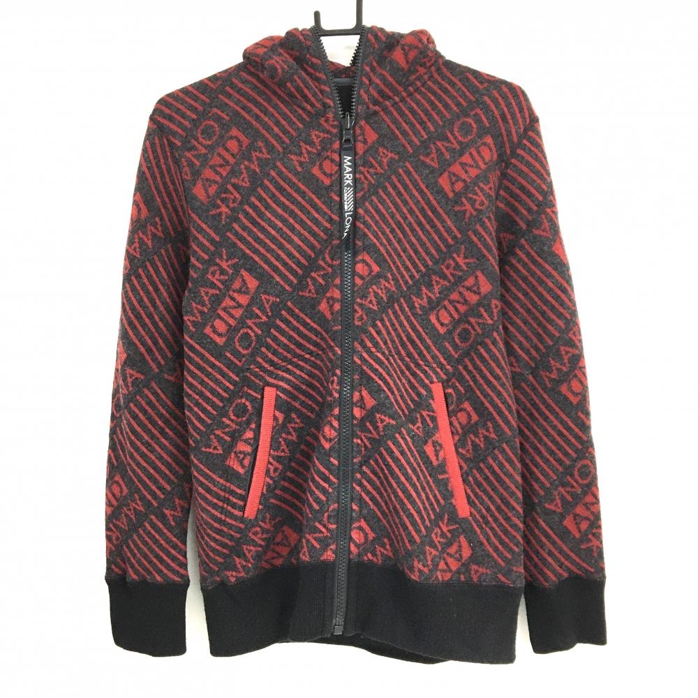 【美品】マークアンドロナ リバーシブルニットジップパーカー グレー×レッド 総柄 裏黒 スカル メンズ 46(M) ゴルフウェア MARK＆LONA