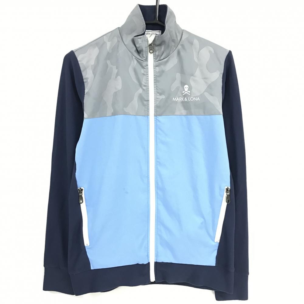 マークアンドロナ ジャケットブルゾン グレー×ネイビー 一部微起毛 上部カモフラ スカル メンズ 44(S) ゴルフウェア MARK＆LONA