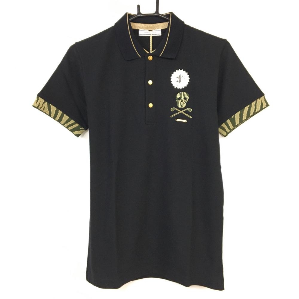 【新品】MARK＆LONA マークアンドロナ 半袖ポロシャツ 黒×ゴールド×カーキ 襟ロゴ スカル 一部ゼブラ柄 メンズ S ゴルフウェア