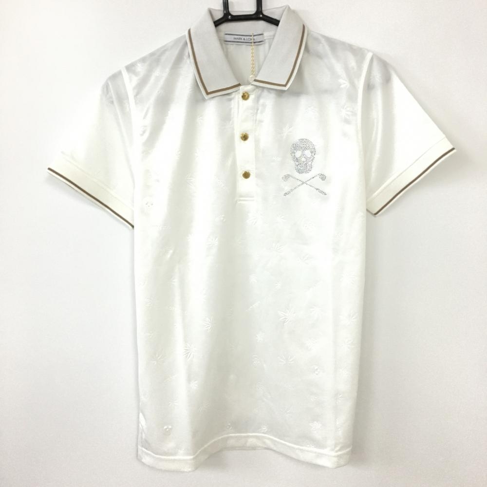 【新品】MARK＆LONA マークアンドロナ 半袖ポロシャツ 白×ブラウン 葉柄×スカル総柄 襟ロゴ 日本製 メンズ S ゴルフウェア