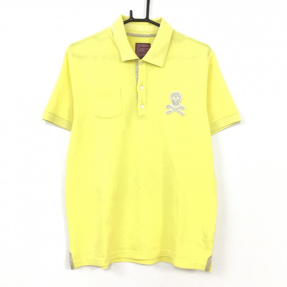 MARK＆LONA マークアンドロナ 半袖ポロシャツ イエロー スカルワッペン 一部花柄 メンズ XL ゴルフウェア