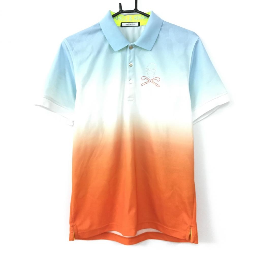 MARK＆LONA マークアンドロナ 半袖ポロシャツ ライトブルー×オレンジ グラデーション カモフラ織生地 スカル  メンズ 48 ゴルフウェア