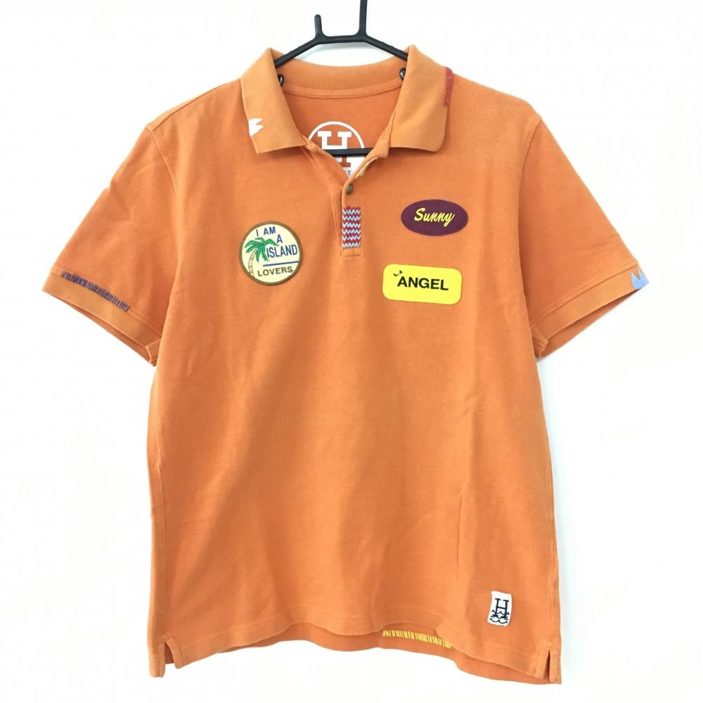ホーンガーメント 半袖ポロシャツ オレンジ 複数ワッペン マークアンドロナ メンズ L ゴルフウェア HORN GARMENT
