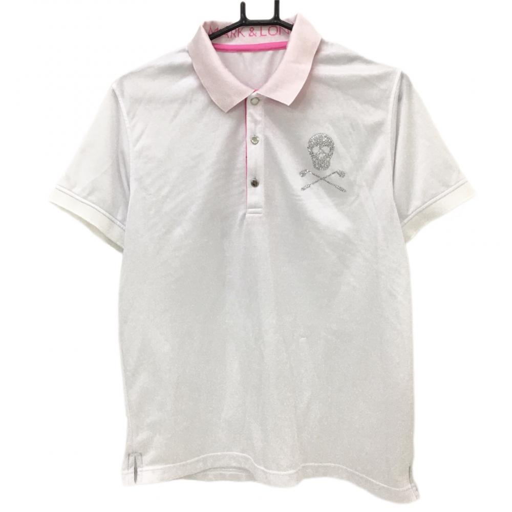 マークアンドロナ 半袖ポロシャツ 白×ピンク ラインストーンスカル スカル迷彩  メンズ  ゴルフウェア MARK＆LONA