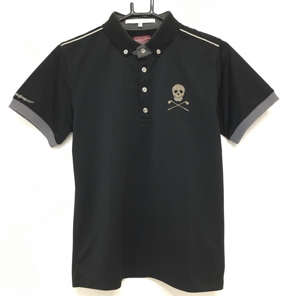 マークアンドロナ 半袖ポロシャツ 黒×グレー スカル ボタンダウン  メンズ M ゴルフウェア MARK＆LONA