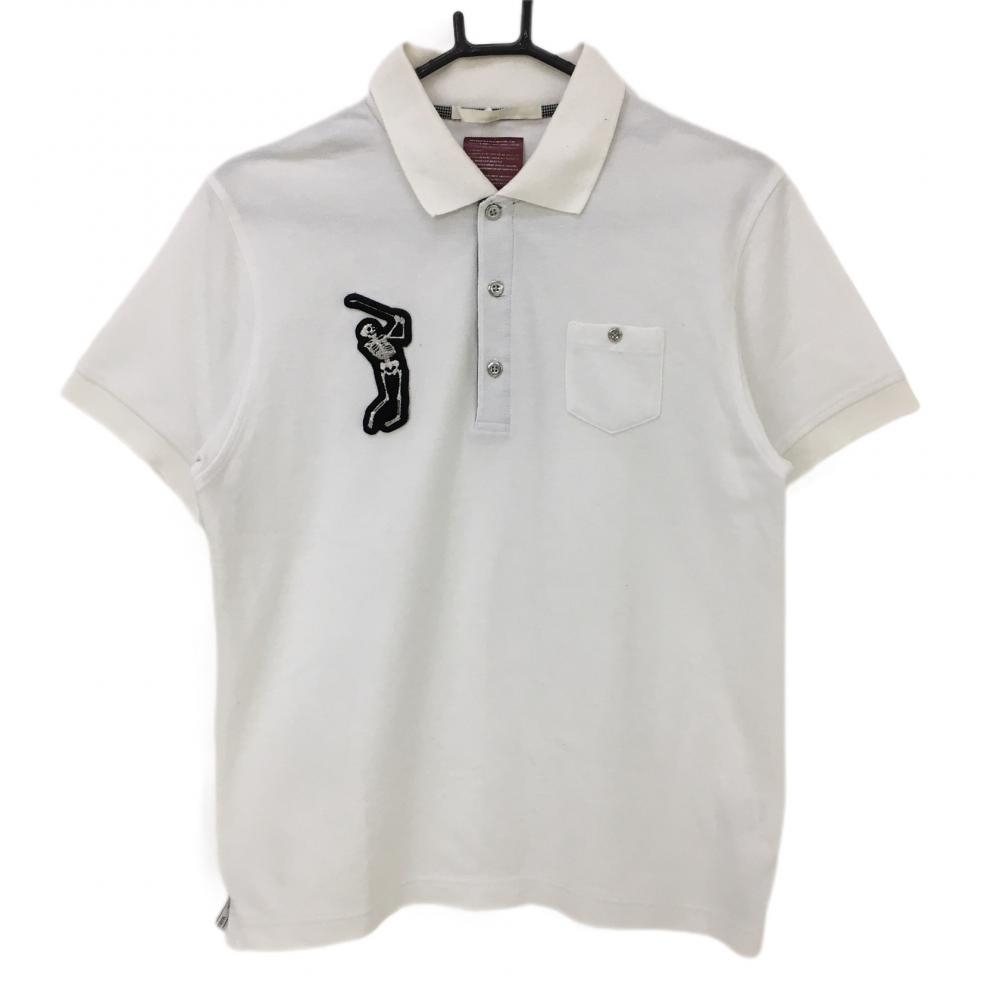 マークアンドロナ 半袖ポロシャツ 白×黒 ゴルファースカルワッペン 前立て千鳥  メンズ L ゴルフウェア MARK＆LONA