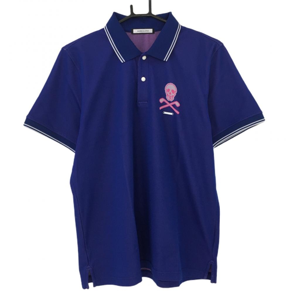 マークアンドロナ 半袖ポロシャツ ブルー×白 後ろビッグスカル 襟・袖口ライン メンズ 50 ゴルフウェア MARK＆LONA