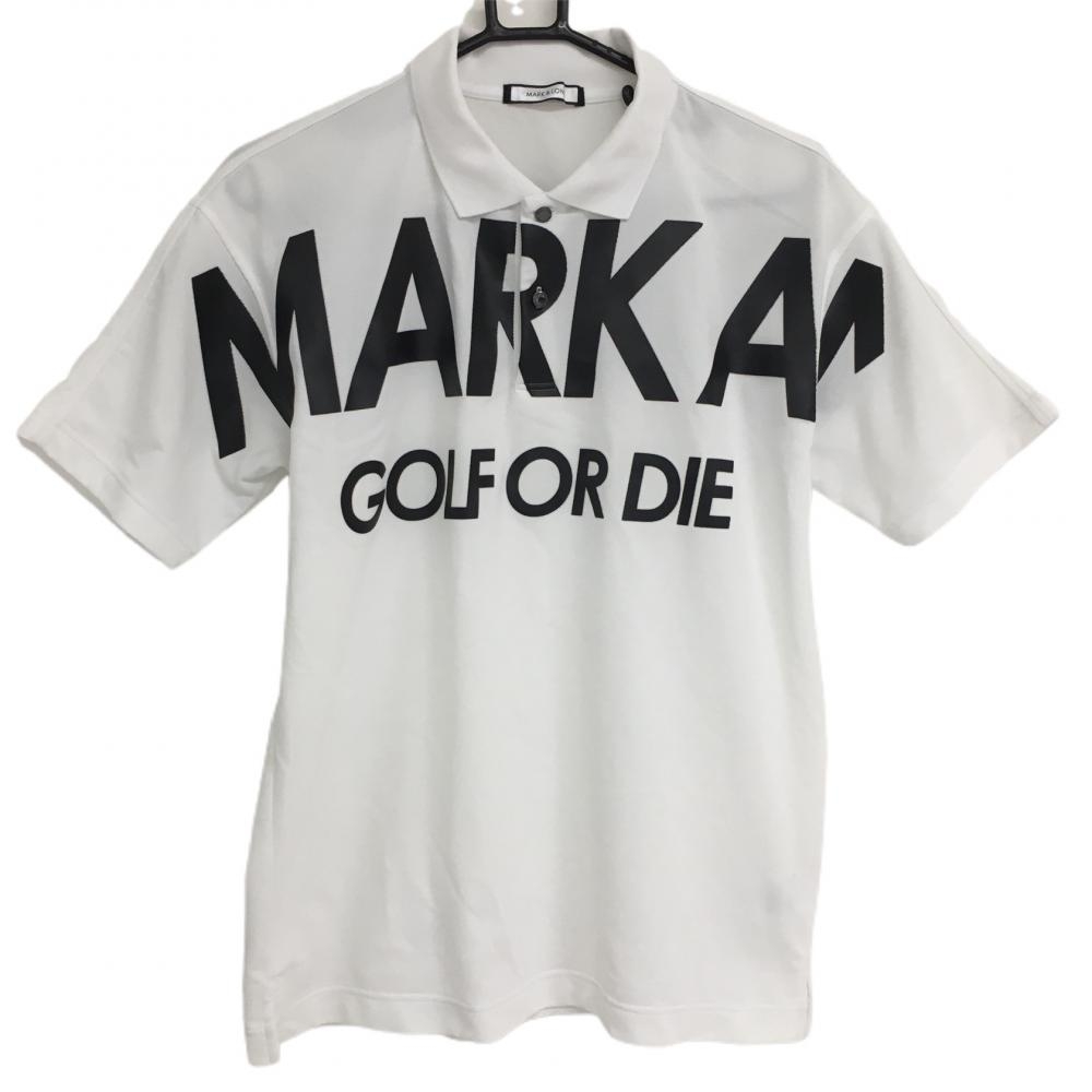 【美品】マークアンドロナ 半袖ポロシャツ 白×黒 ビッグロゴプリント メンズ 46(M) ゴルフウェア MARK＆LONA