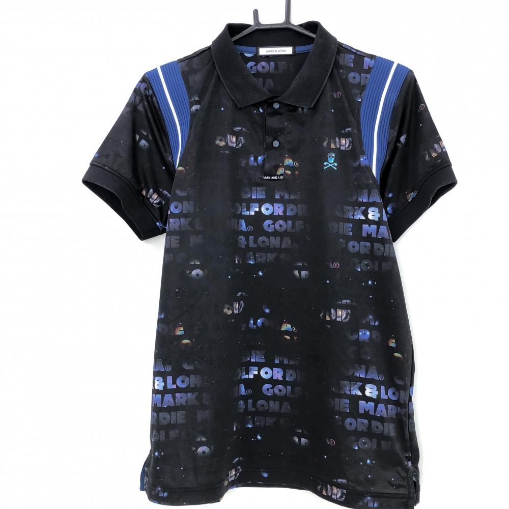 マークアンドロナ 半袖ポロシャツ 黒×マルチカラー ロゴ総柄 肩リブ  メンズ 46(M) ゴルフウェア MARK＆LONA