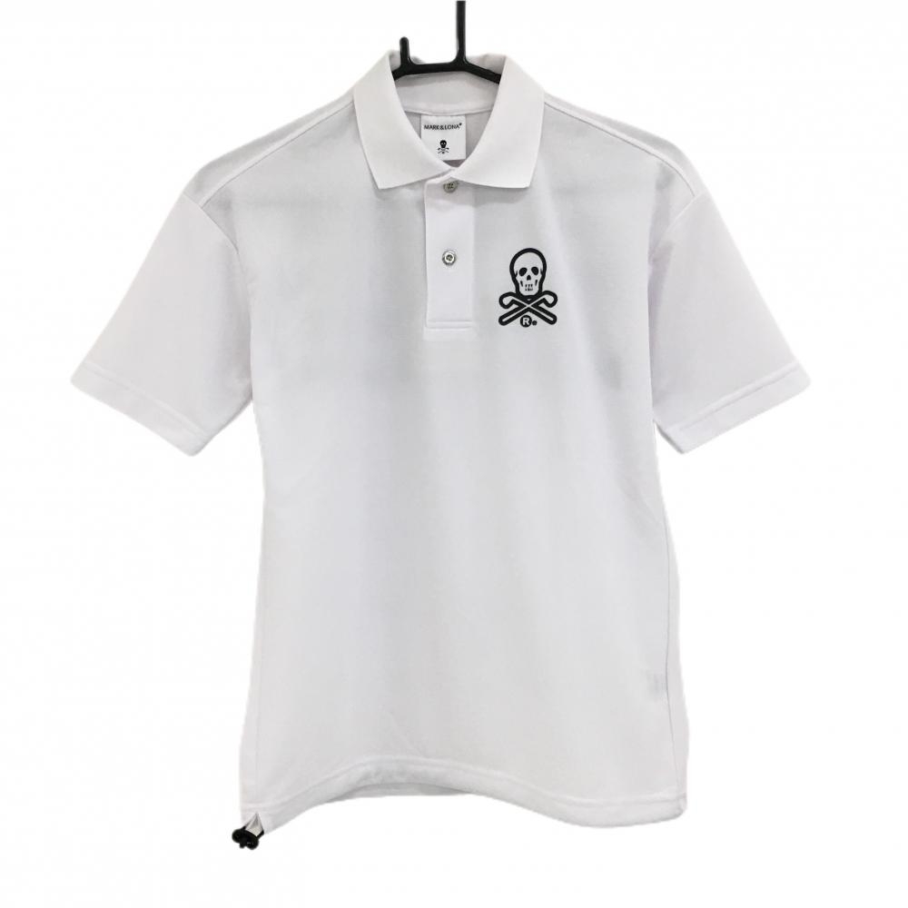 【新品】マークアンドロナ 半袖ポロシャツ 白×黒 スカルプリント 背面ロゴプリント メンズ 42(XS) ゴルフウェア 2022年モデル MARK＆LONA