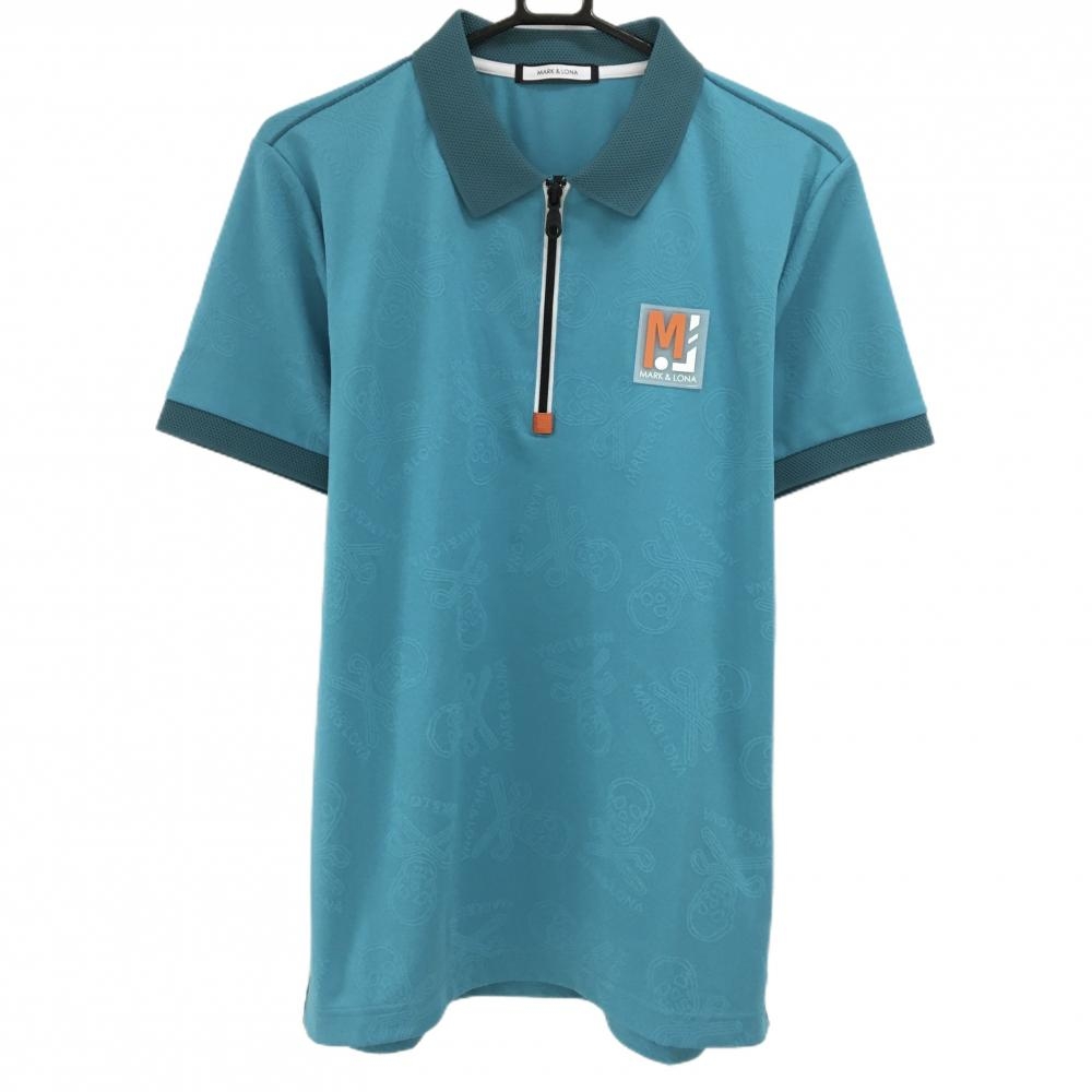 【超美品】マークアンドロナ 半袖ポロシャツ ライトブルー スカル地模様 ハーフジップ メンズ 50(XL) ゴルフウェア MARK＆LONA