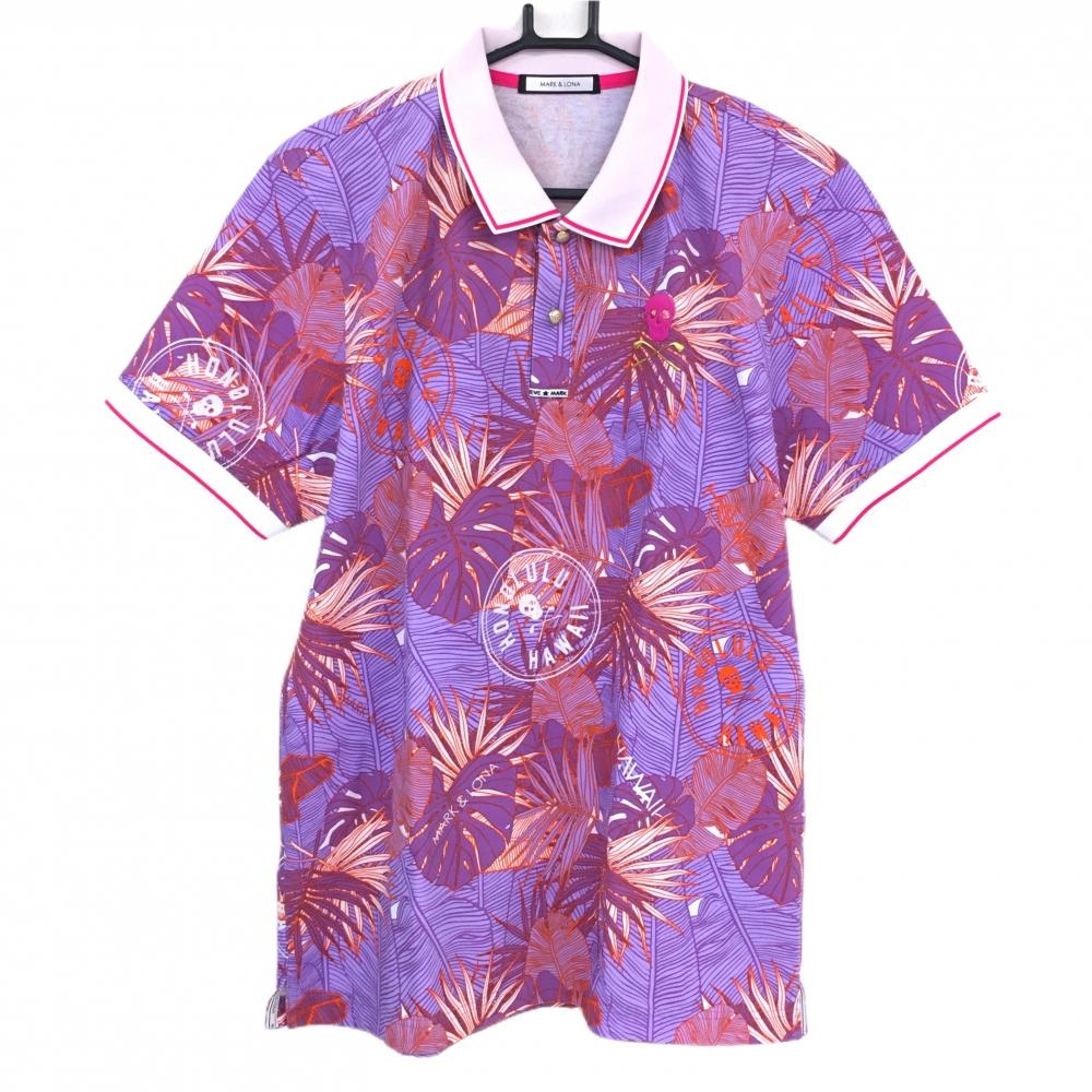 【美品】マークアンドロナ 半袖ポロシャツ パープル×オレンジ 総柄  メンズ 50(XL) ゴルフウェア MARK＆LONA