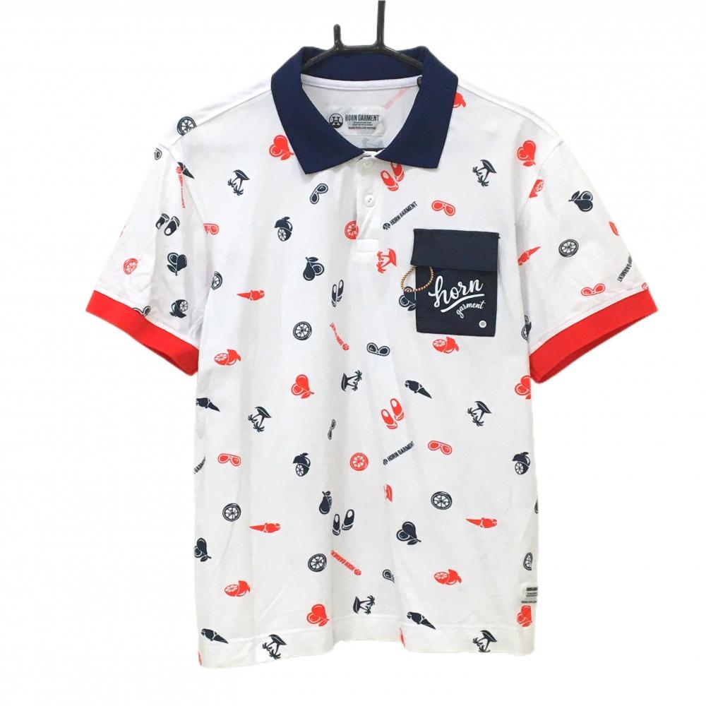 【美品】ホーンガーメント 半袖ポロシャツ 白×ネイビー×レッド 総柄 マークアンドロナ  メンズ 50(XL ) ゴルフウェア MARK＆LONA