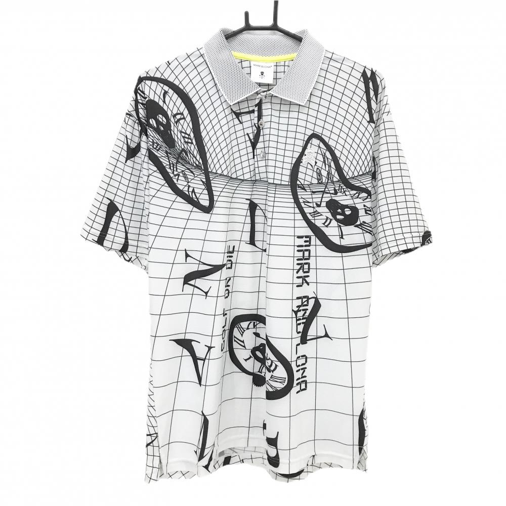 【美品】マークアンドロナ 半袖ポロシャツ 白×黒 総柄 スカル  メンズ 50(XL) ゴルフウェア MARK＆LONA