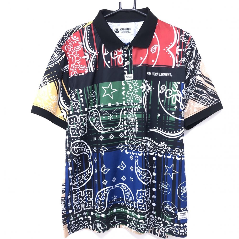 【超美品】ホーンガーメント 半袖ポロシャツ 黒×マルチカラー バンダナ風総柄 マークアンドロナ メンズ 52(2XL) ゴルフウェア MARK＆LONA