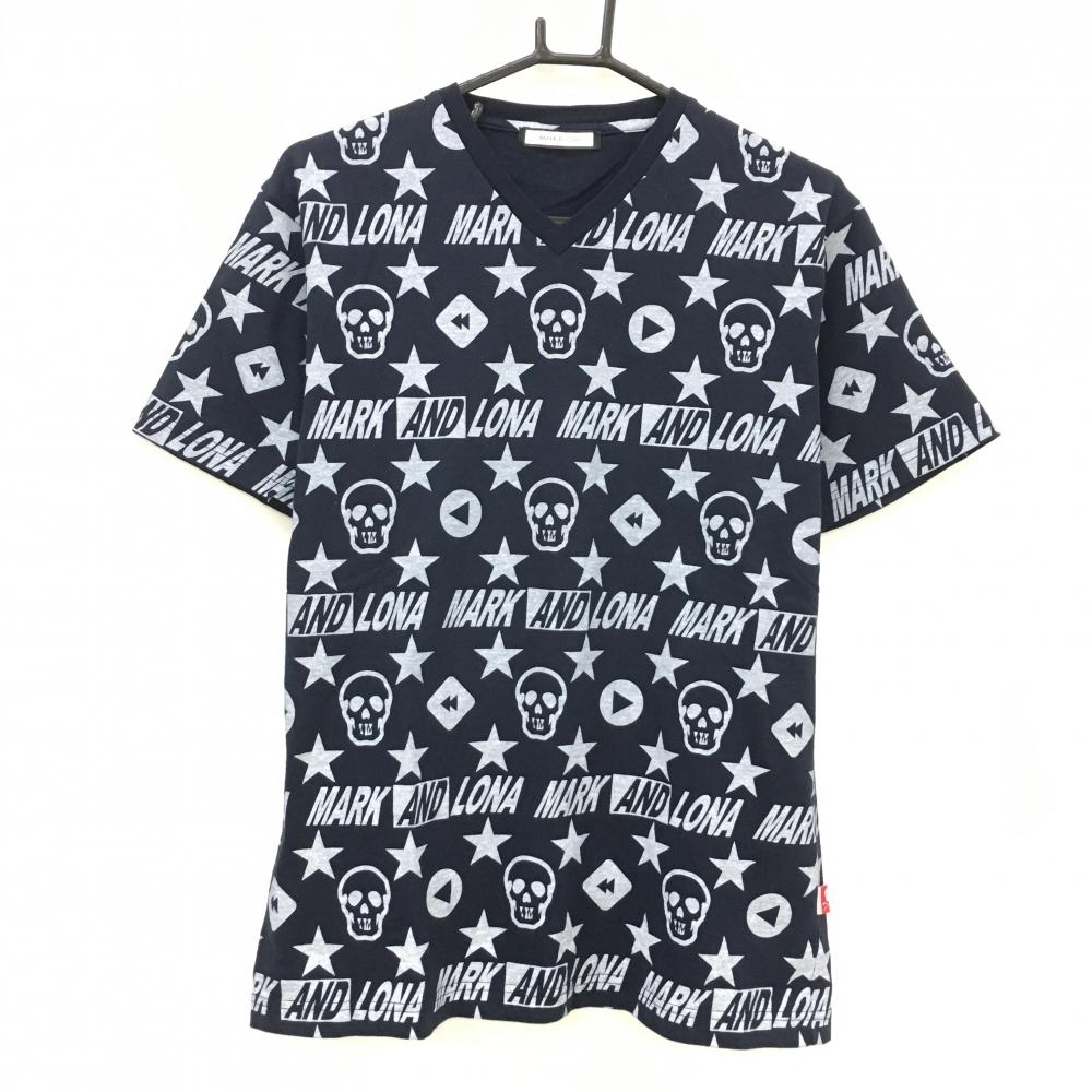 【美品】マークアンドロナ Tシャツ ネイビー×ライトグレー 星柄 スカル総柄 Vネック コットン100％ メンズ 46(M) ゴルフウェア MARK＆LONA