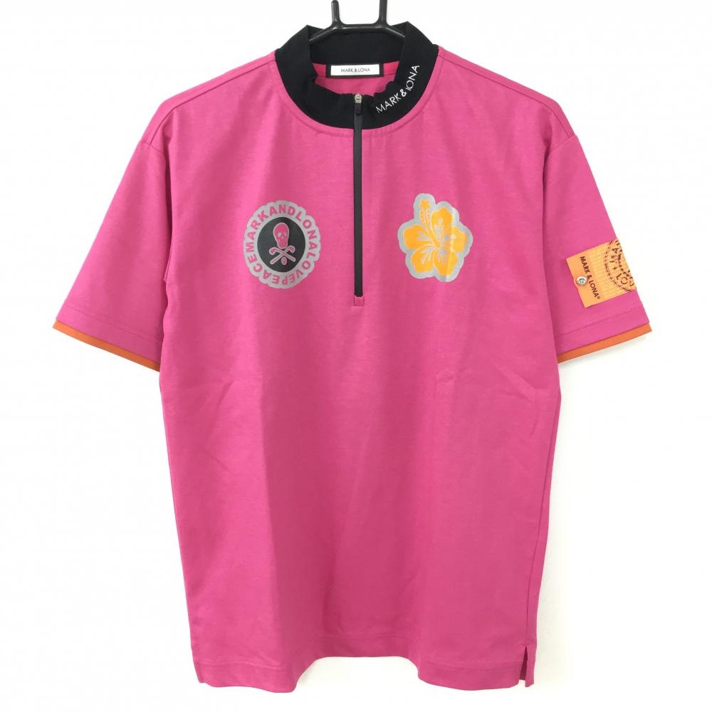 【超美品】2021年＊MARK＆LONA マークアンドロナ 半袖ハイネックシャツ ピンク×黒 ハーフジップ メンズ 46 ゴルフウェア