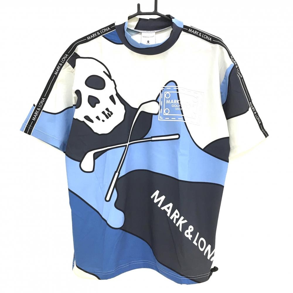 【新品】マークアンドロナ 半袖ハイネックシャツ グレー×ライトブルー  メンズ 46(M) ゴルフウェア 2024年 木村拓哉着用モデル MARK＆LONA