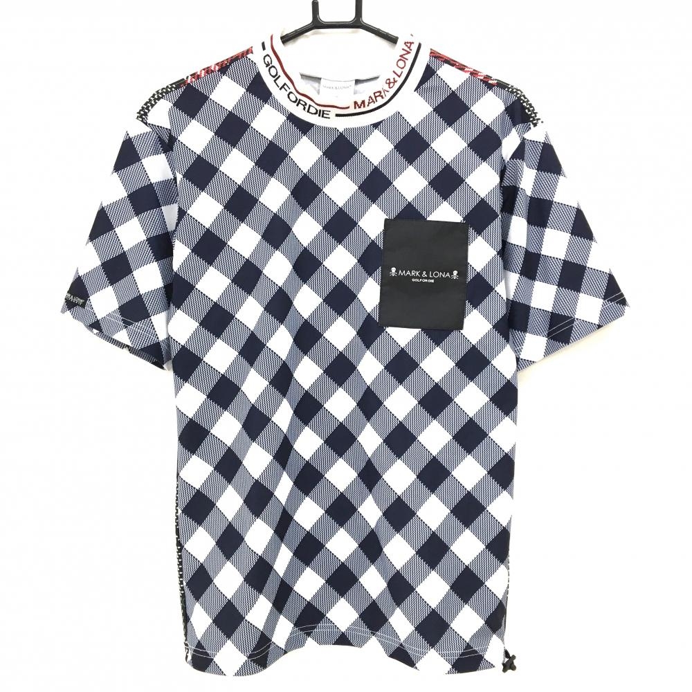 【美品】マークアンドロナ 半袖ハイネックシャツ ネイビー×白 チェック 胸ポケット メンズ 44(S) ゴルフウェア 2024年モデル MARK＆LONA