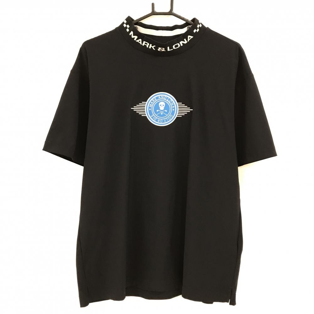 【超美品】マークアンドロナ 半袖ハイネックシャツ 黒×ライトブルー ネックロゴ  メンズ 50(XL) ゴルフウェア 2025年モデル MARK＆LONA