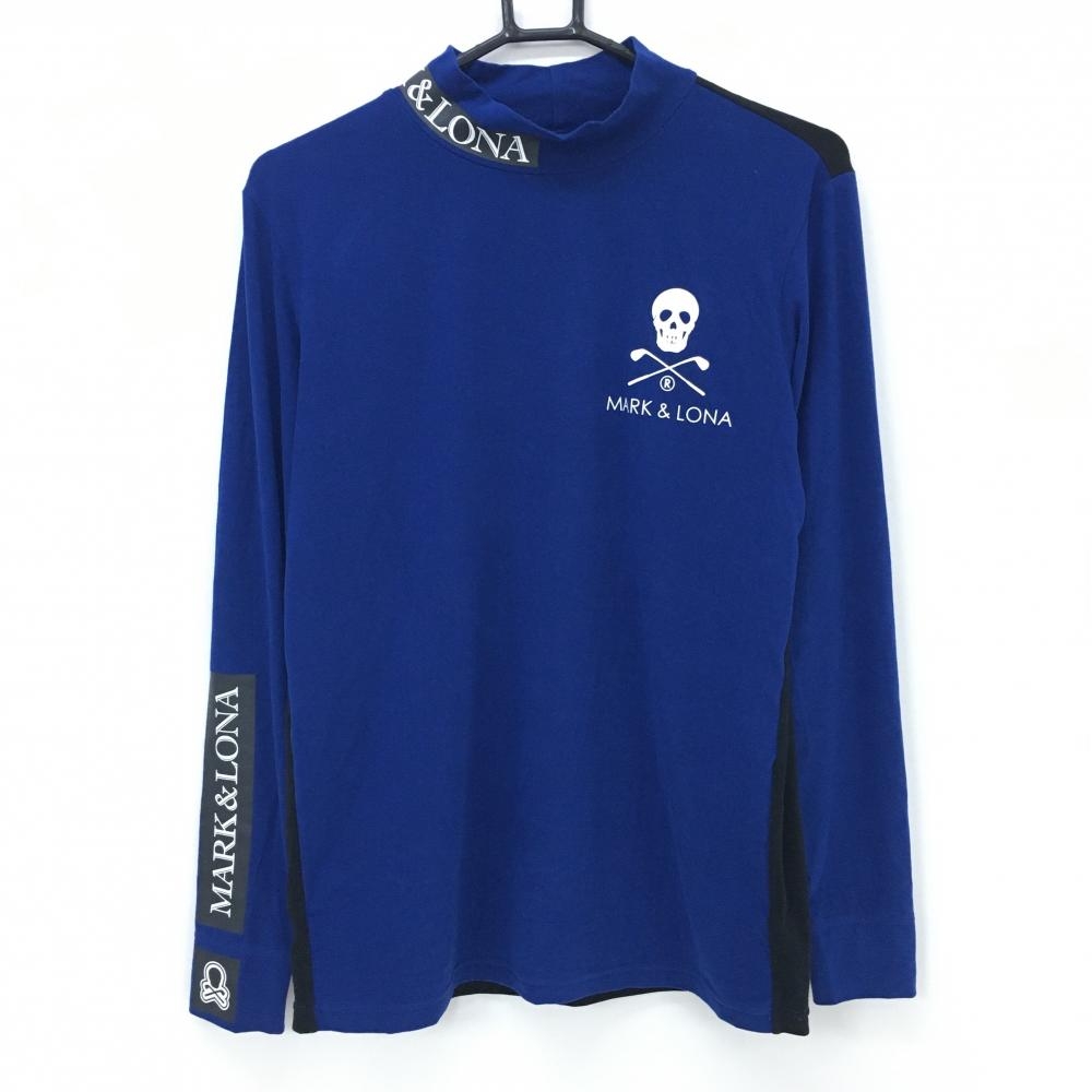 【美品】マークアンドロナ 長袖ハイネックシャツ ブルー×黒 微起毛 スカル  メンズ 46(M) ゴルフウェア 2024年モデル MARK＆LONA
