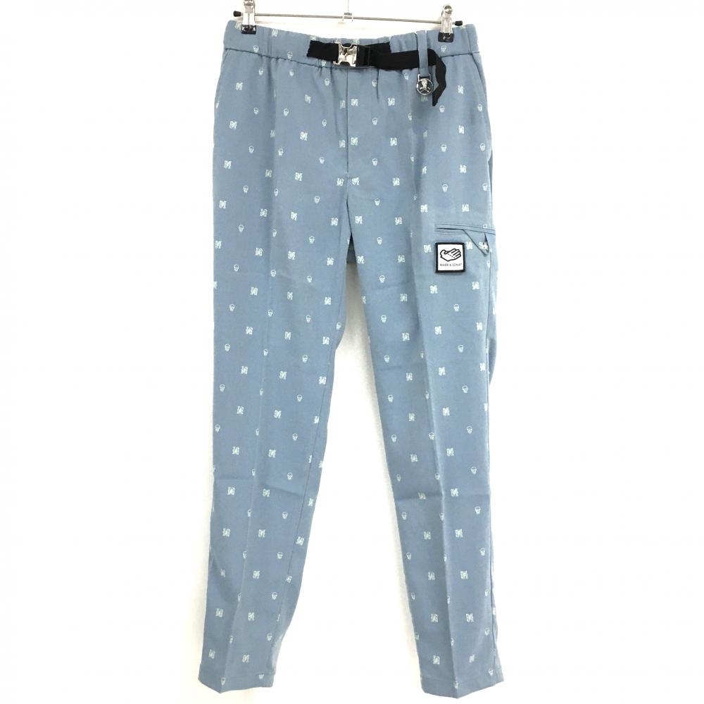 【新品】マークアンドロナ パンツ ブルー×白 スカル総柄 ベルト ストレッチ メンズ 46(M) ゴルフウェア 2023年モデル MARK＆LONA