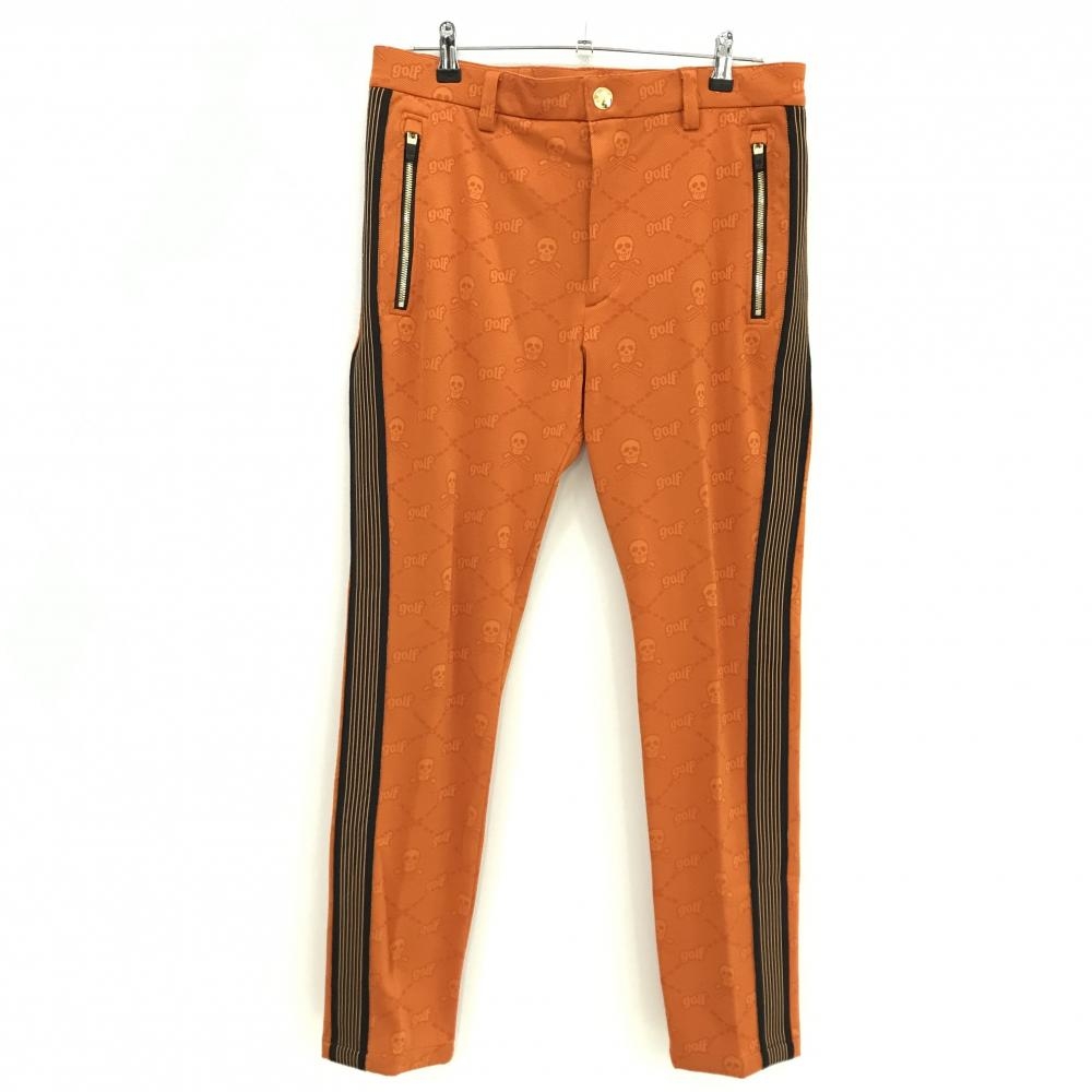 【美品】マークアンドロナ パンツ オレンジ スカル総柄 後ろウエストゴム ジップポケット メンズ 48(L) ゴルフウェア MARK＆LONA