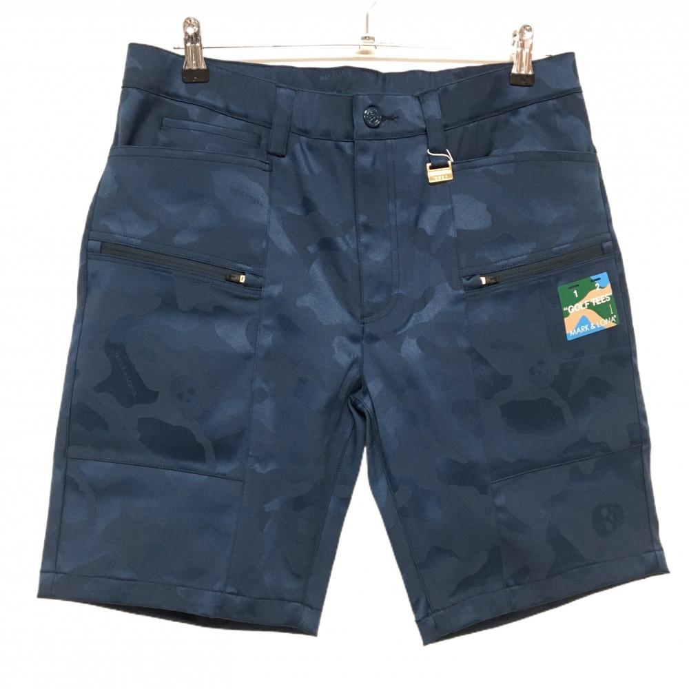 【新品】マークアンドロナ ハーフパンツ ネイビー カモフラ柄織生地 迷彩 スカル メンズ 44(S) ゴルフウェア 2023年モデル MARK＆LONA