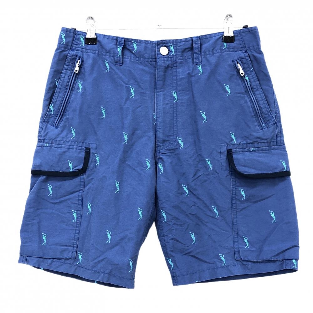 マークアンドロナ カーゴハーフパンツ ネイビー×ブルー スカルゴルファー総柄 メッシュ裏地 メンズ S ゴルフウェア MARK＆LONA