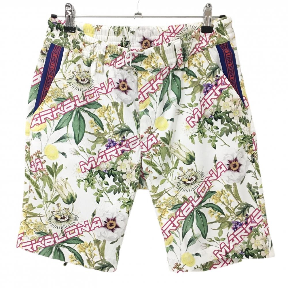 【超美品】マークアンドロナ ハーフパンツ 白×グリーン系×ピンク 総柄 ボタニカル調 ウエストゴム メンズ 46 ゴルフウェア MARK＆LONA
