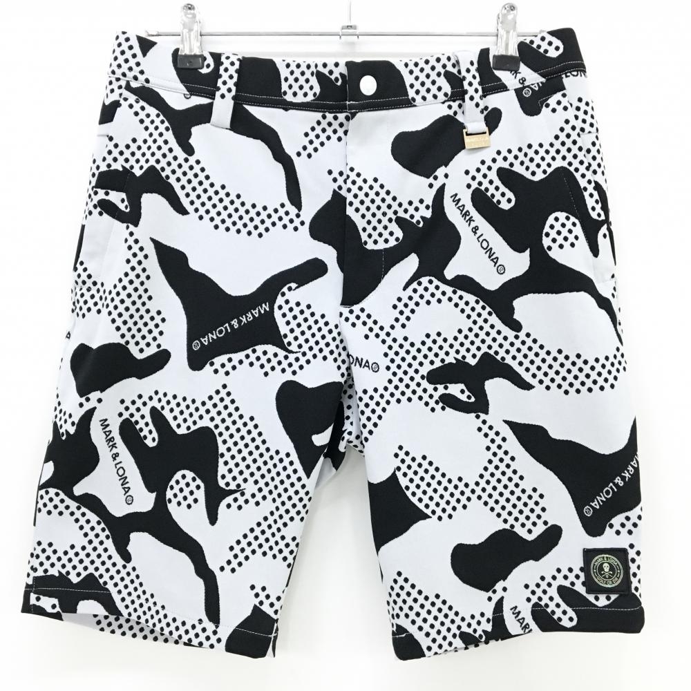 【美品】マークアンドロナ ハーフパンツ 白系×黒 総柄 ウエストゴム ウエスト メンズ 48(L) ゴルフウェア 木村拓哉着用モデル MARK＆LONA